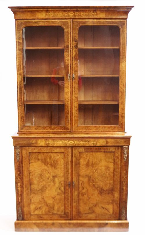 Victorian Inlaid Figured Walnut Cupboard Base Bookcase with Ormolu Mounts