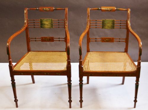Late 19c Pair of Satinwood Painted Decorated Armchairs