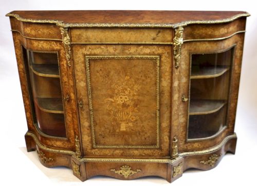 Fine Figured Walnut & Marquetry Serpentine Ormolu Mounted Credenza