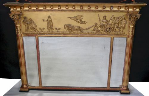 Regency Gilt Triple Plate Wall Mirror with Chariot Frieze