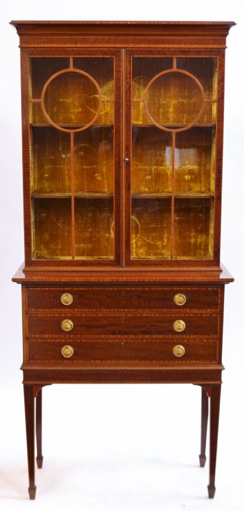 Edwardian Mahogany Satinwood Banded Display Cabinet on 3 Drawer Stand