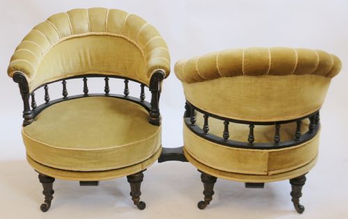 Unusual Victorian Ebonised Conversation Seat with Two Revolving Tub Armchairs