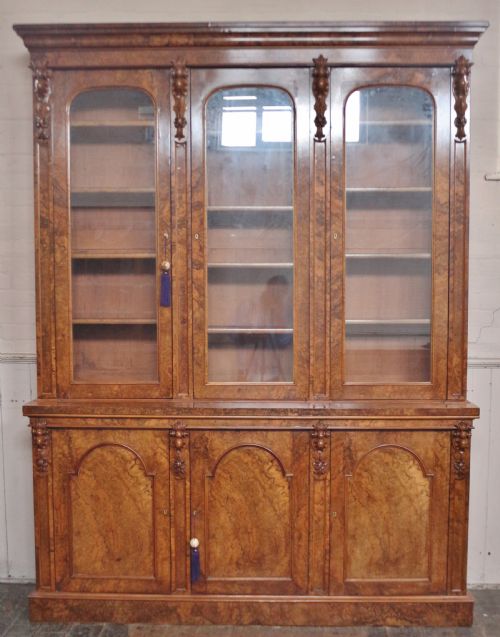 Fine Quality Victorian Figured Walnut 3 Door Cupboard Base Bookcase