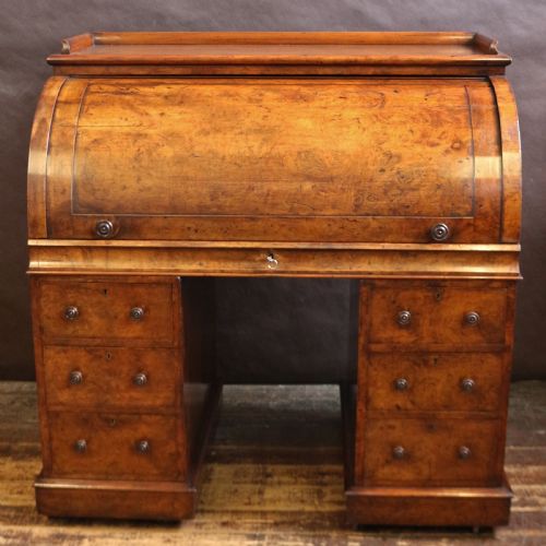 Victorian Figured Walnut Cylinder Top Kneehole Desk