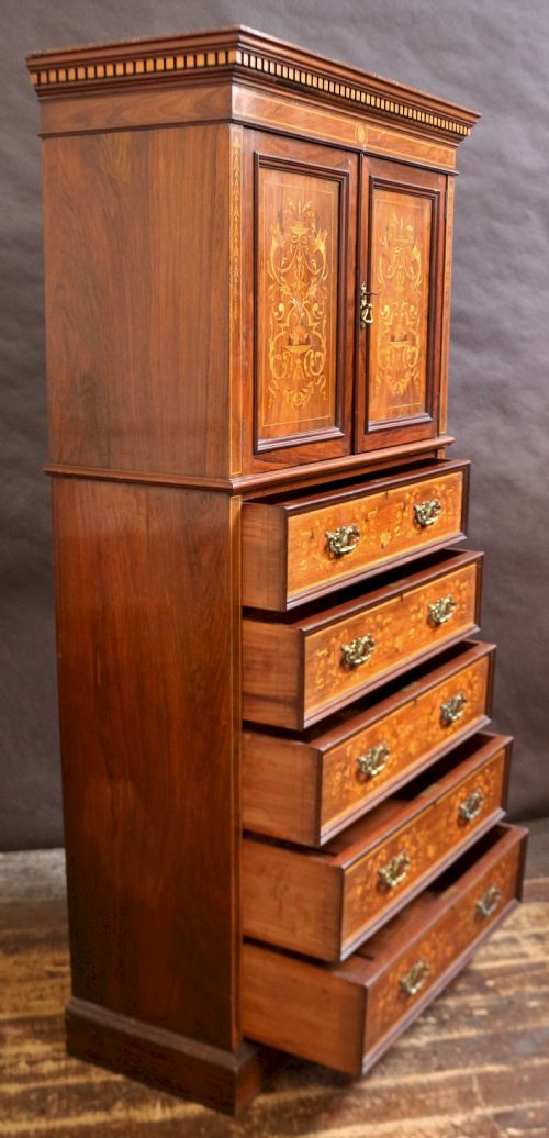 EDWARDIAN ROSEWOOD PROFUSELY INLAID CUPBOARD ON 5 DRAWER CHEST - ADDITIONAL PHOTO 2