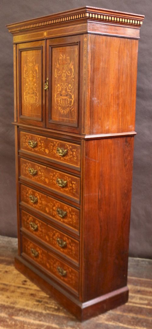EDWARDIAN ROSEWOOD PROFUSELY INLAID CUPBOARD ON 5 DRAWER CHEST - ADDITIONAL PHOTO 3