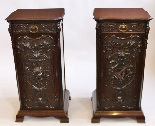 Late Victorian Mahogany Highly Carved Pair of Bedside Cupboards by Maples