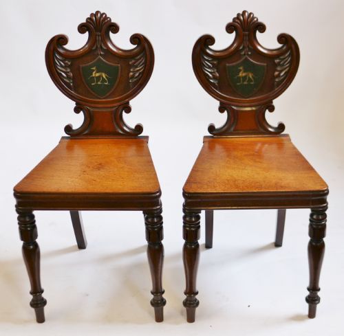 Regency Mahogany Pair of Hall Chairs with Greyhound Crests