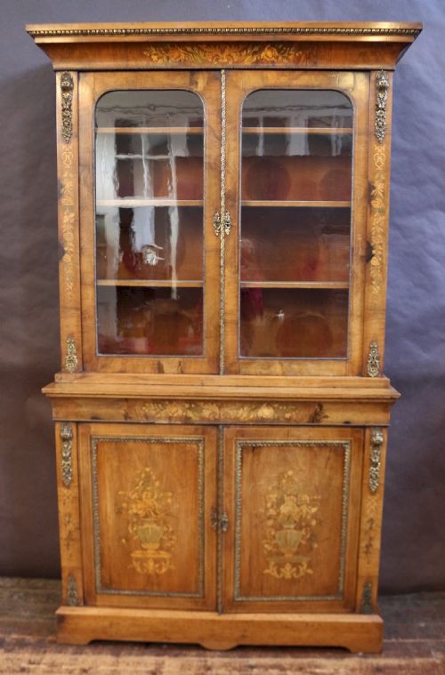 Victorian Figured Walnut and Marquetry Cupboard Base Bookcase
