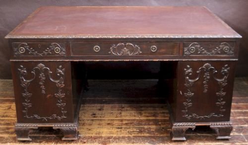 Late 19c Mahogany Carved Partners Kneehole Desk