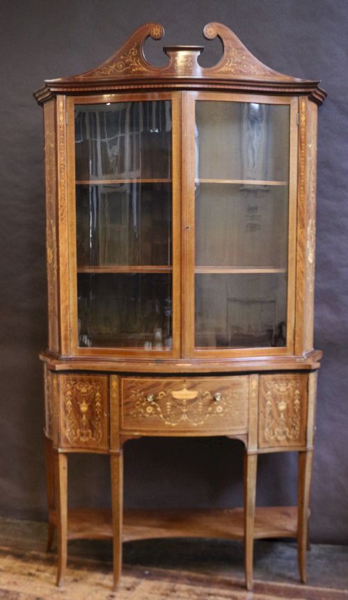 Large 19c Mahogany Inlaid Serpentine Secretaire Cabinet
