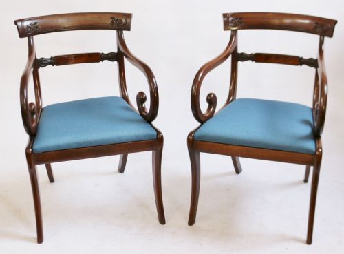 Regency Mahogany Pair of Scroll Armchairs on Sabre Legs