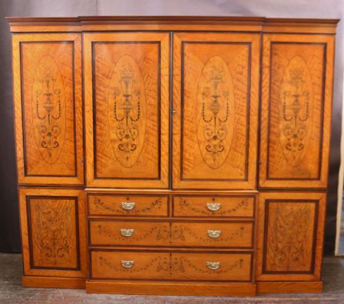 Late 19c Inlaid Satinwood 4 Door Breakfront Wardrobe