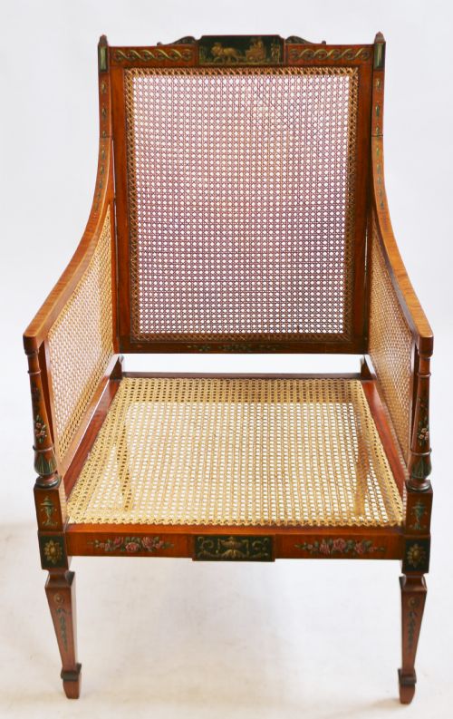 Edwardian Satinwood Bergere Armchair with Painted Decoration