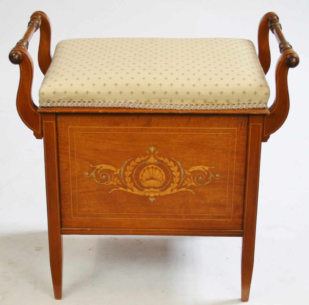 Edwardian Inlaid Mahogany Box Seat Music Stool.
