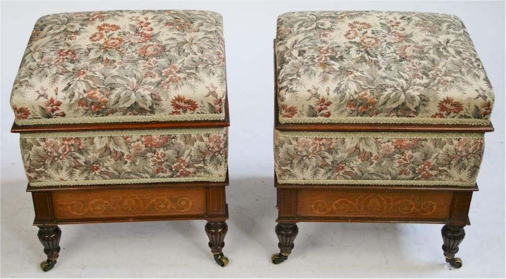 Edwardian Pair of Mahogany Inlaid Box Seat Stools with Base Drawers.