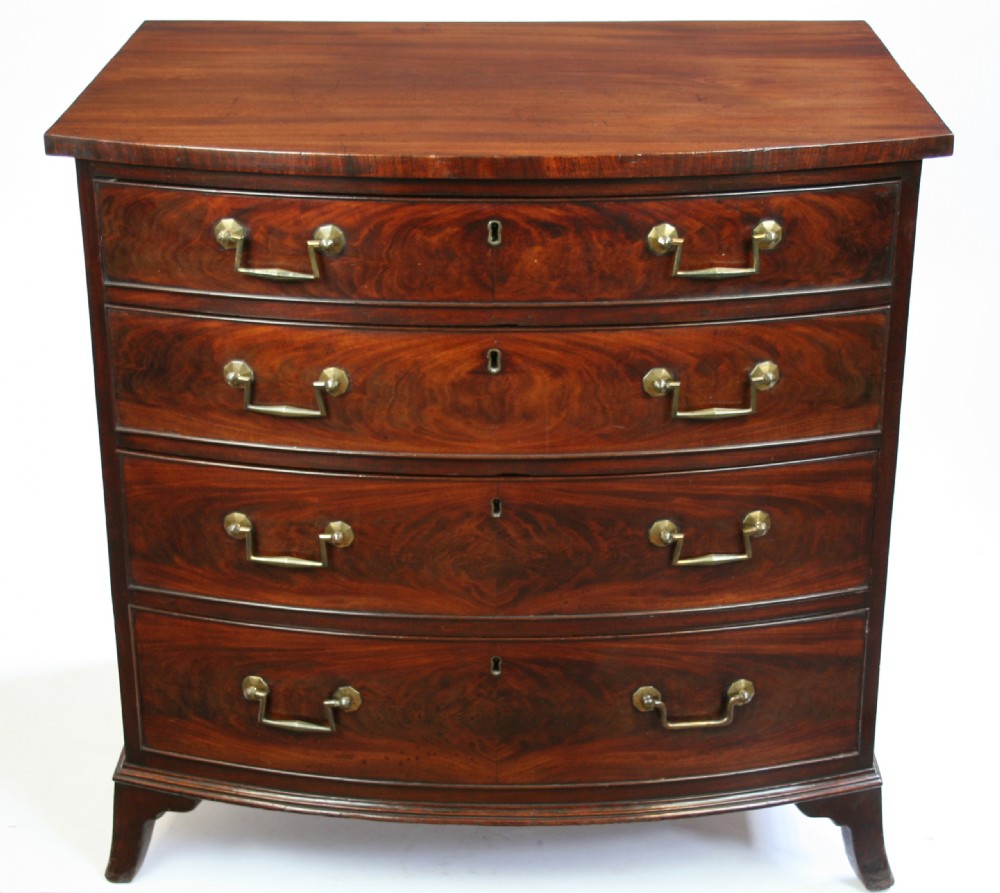 George 111 Figured Mahogany Bow Chest of 4 Oak Lined Long Drawers