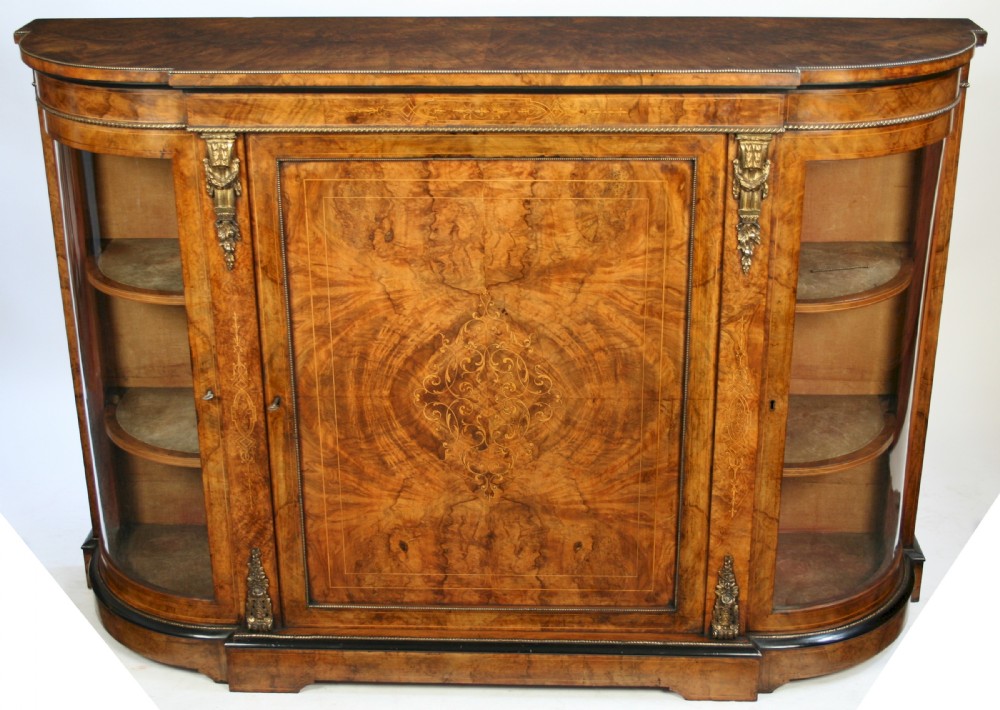 Victorian Figured Walnut Inlaid Bow End Credenza with Ormolu Decoration.