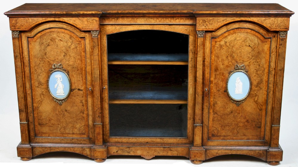 Victorian Inlaid Figured Walnut Inverted Breakfront 3 Door Side Cabinet.