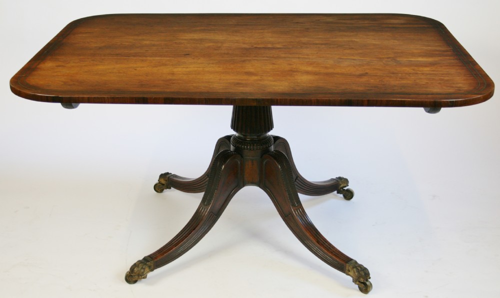 Regency Rosewood Brass Inlaid Tilt Top Oblong Breakfast Table.