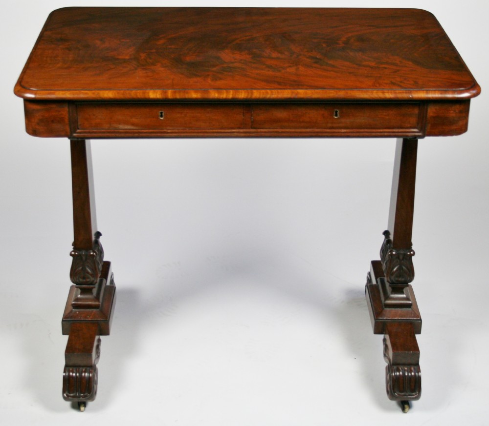 George 1V Figured Mahogany End Support 2 Drawer Table.