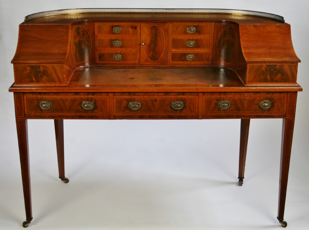 Edwardian Mahogany Satinwood Cross Banded Carlton House Desk.