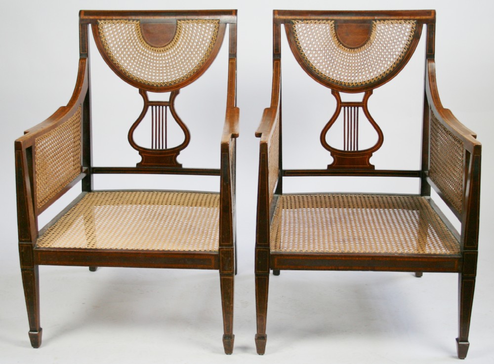 Edwardian Mahogany Satinwood Banded Pair of Bergere Armchairs.