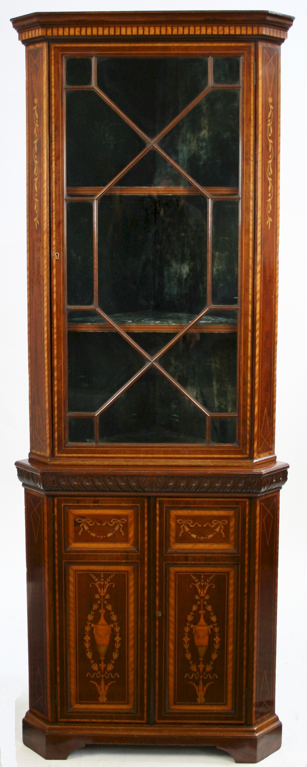 Edwardian Inlaid Mahogany Freestanding Corner Cabinet by Edwards & Roberts.