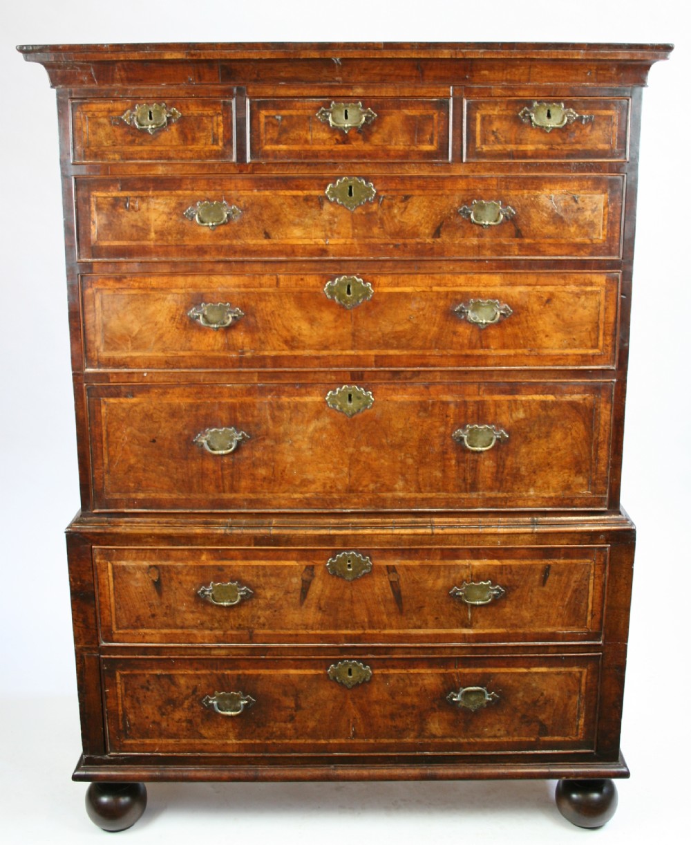 Early 18C Figured Walnut Chest on 2 Drawer Base.