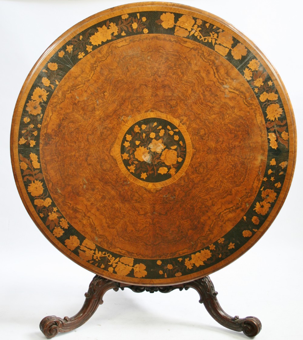 Victorian Figured Walnut & Marquetry Circular Tilt Top Centre Table.