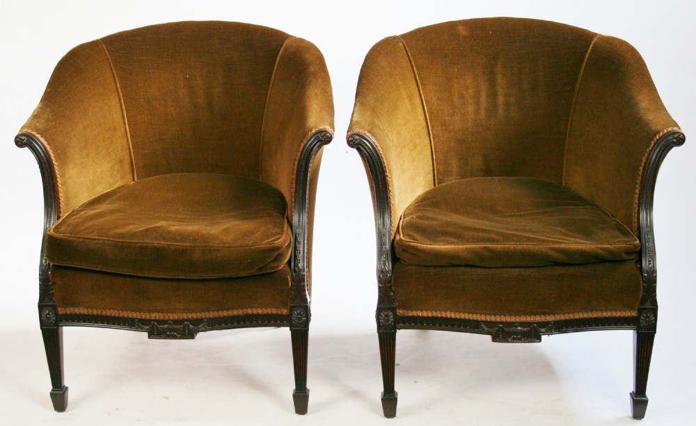 C1900 Adam Style Pair of Carved Mahogany Tub Armchairs.