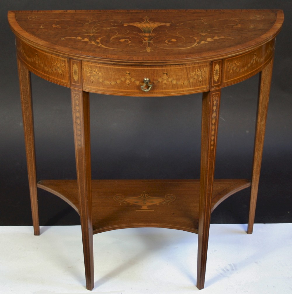 Fine Edwardian Inlaid Mahogany Demi Lune Side Console Table.