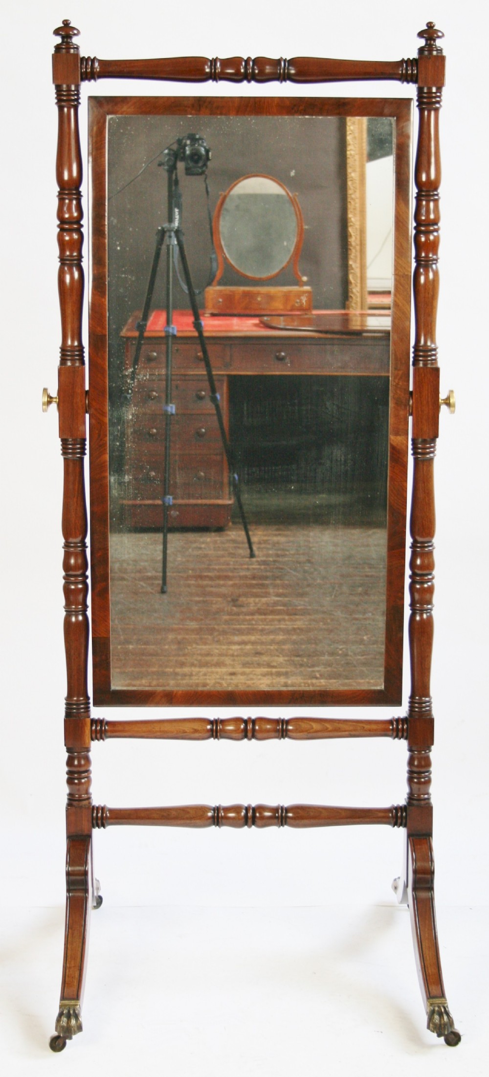 Regency Mahogany Cheval Mirror within Turned Frame.