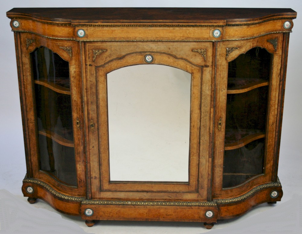 Victorian Figured Walnut 3 Door Credenza with Serpentine Ends.