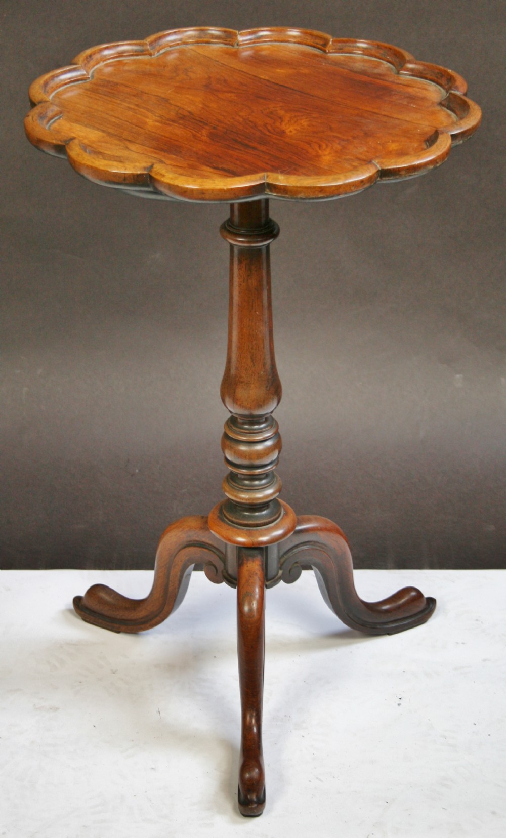 William 1V Rosewood Scalloped Top Tripod Wine Table.