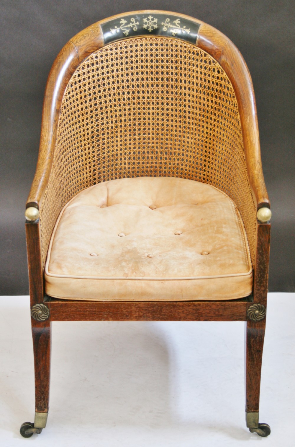 Regency Simulated Rosewood Tub Shaped Bergere Armchair.