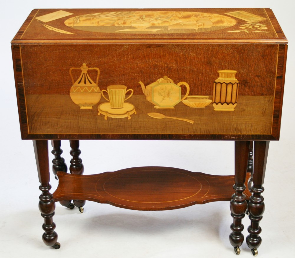 Late 19C Fine Quality Mahogany Marquetry Inlaid Sutherland Tea Table.