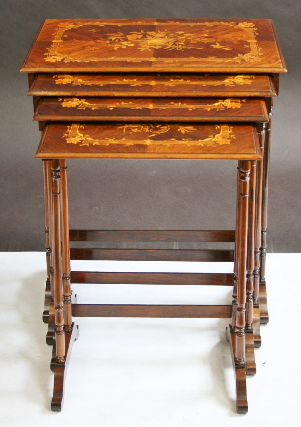 Fine Quality Late 19C Rosewood Marquetry Inlaid Nest of 4 Tables.