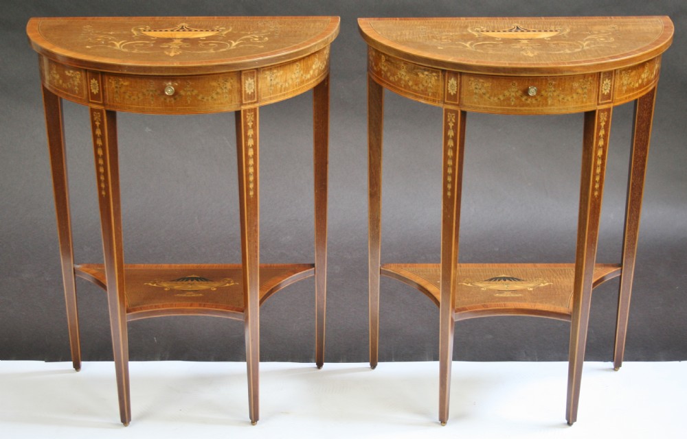 Fine Pair of  Edwardian Inlaid Mahogany Demi Lune Side Console Tables