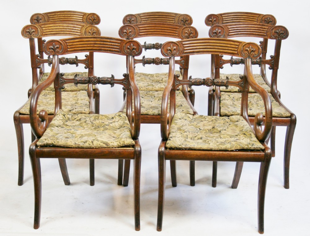 Fine Set of 6 & 2 Mahogany Regency Dining Chairs on Sabre Legs