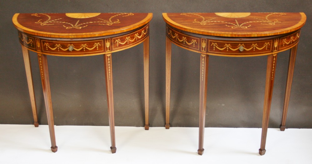 Fine Quality Edwardian Inlaid Mahogany Pair of Demi Lune Card Tables