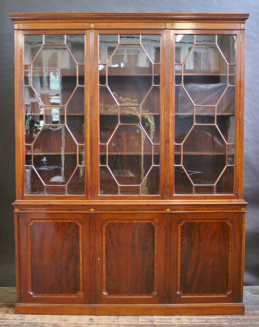 Good Quality Edwardian Inlaid Mahogany 3 Door Cupboard Base Bookcase