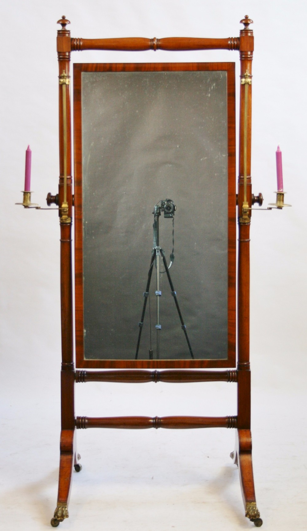 Regency Mahogany Cheval Mirror within Ring Turned Frame