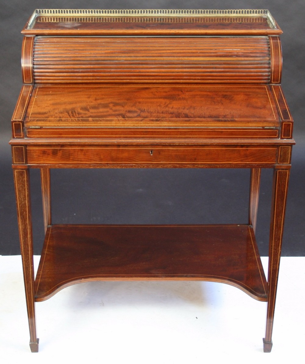 Edwardian Inlaid Mahogany Cylinder Top Ladies Writing Desk