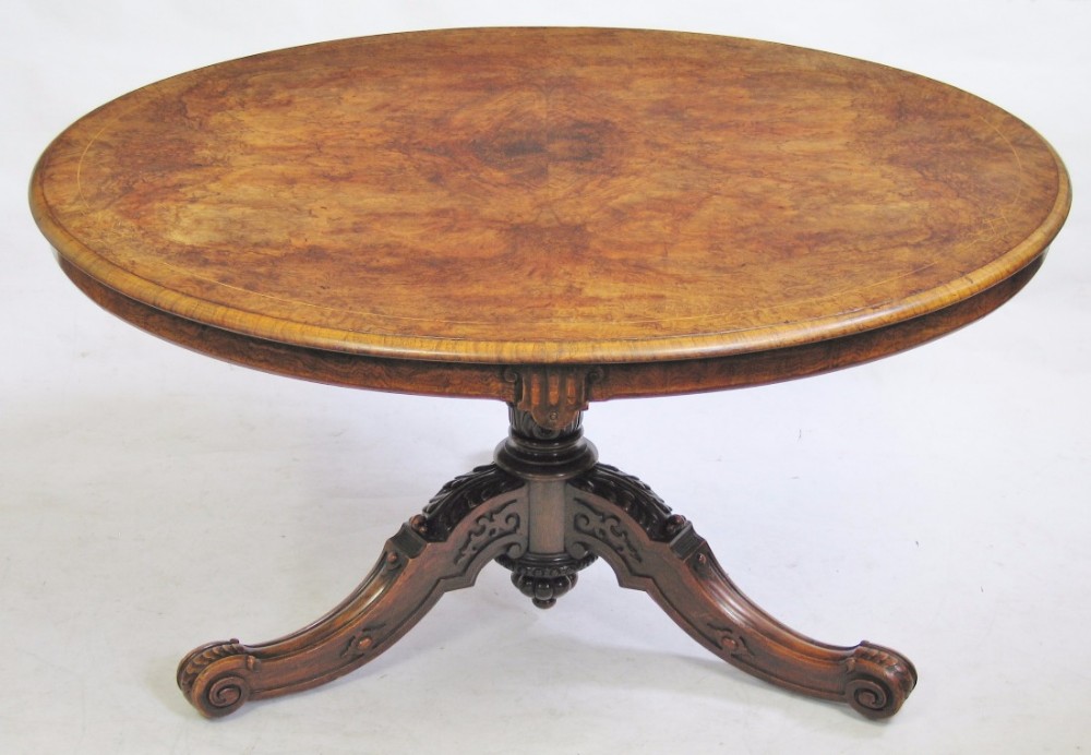 Victorian Figured Walnut Circular Tilt Top Pedestal Tripod Centre Table