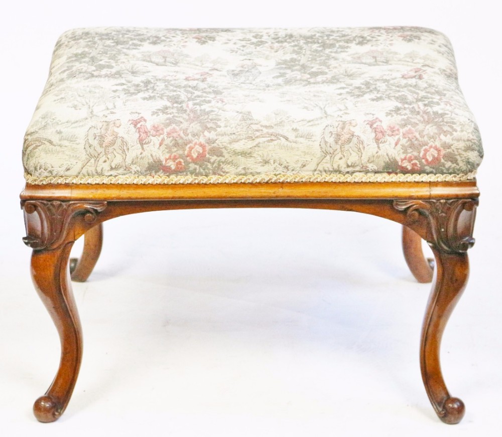 Victorian Walnut Upholstered Stool on Cabriole Legs