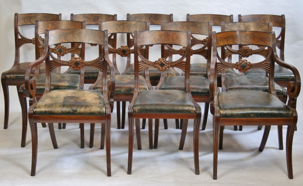 Fine Set of 12 (10 & 2 ) Regency Mahogany Dining Chairs on Sabre Legs