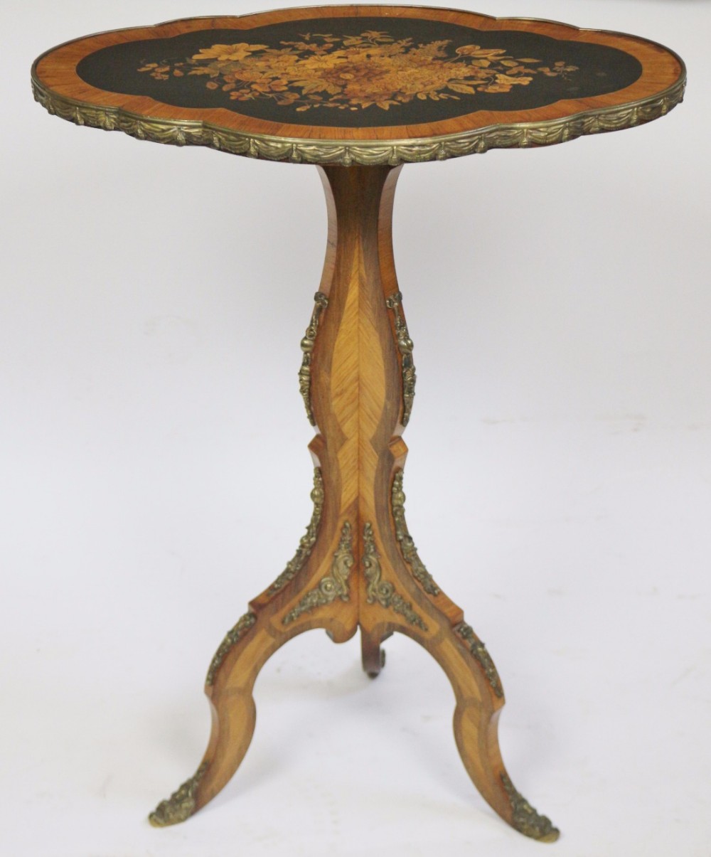 Victorian Kingwood & Marquetry Tilt Top Ormolu Mounted Tripod Table