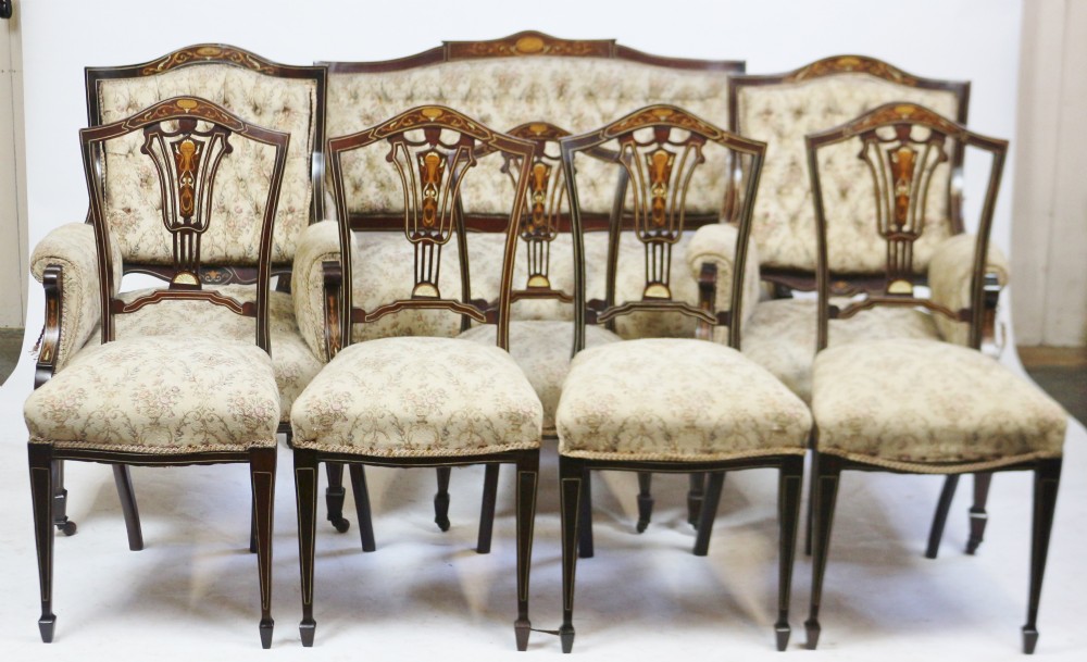 Good Quality Late Victorian Inlaid Mahogany 8 Piece Parlour Suite.