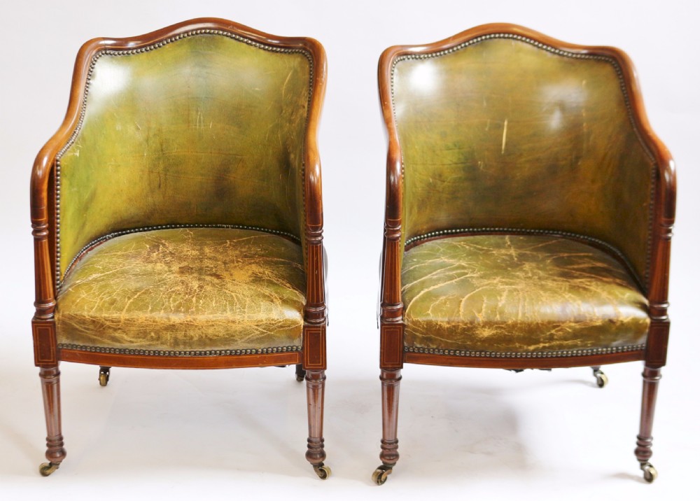 Good Quality Edwardian Inlaid Mahogany Pair of Leather Upholstered Armchairs
